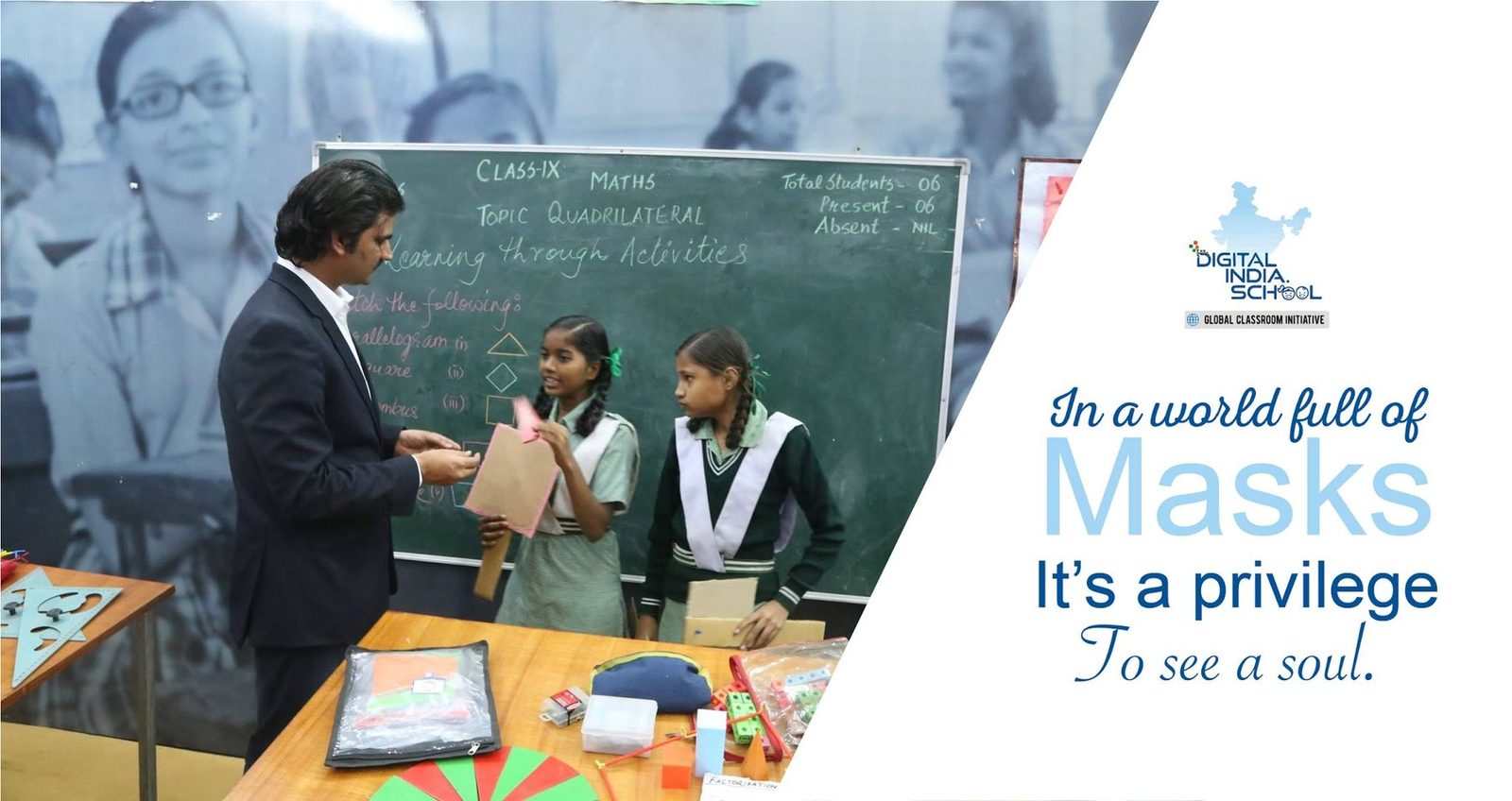 Santosh Talaghatti conducting a hands-on classroom activity with students under the Digital India School / Global Classroom Initiative